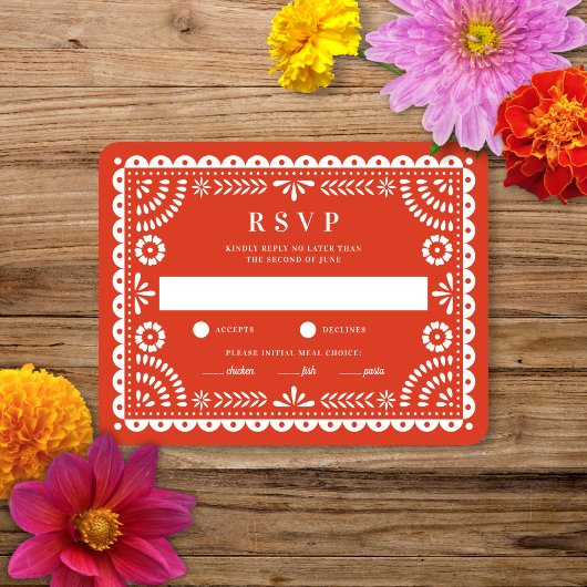 Papier Picado Rouge chaud | Carte RSVP de réponse