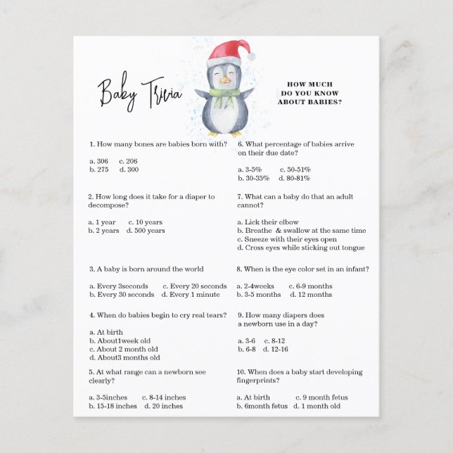 Papier Pingouin - Trivia bébé | Jeu Baby shower (Devant)