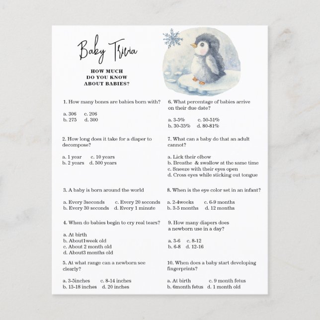 Papier Pingouin - Trivia bébé | Jeu Baby shower (Devant)
