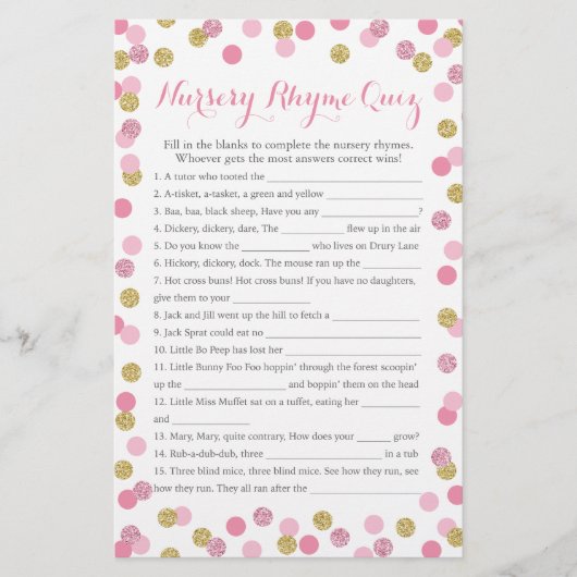Papier Pink and Gold Baby shower Nursery Rhyme Quiz (Devant)