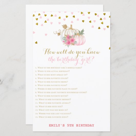 Papier Pink and Gold Fall Anniversaire Jeu, Citrouille (Devant / Derrière)