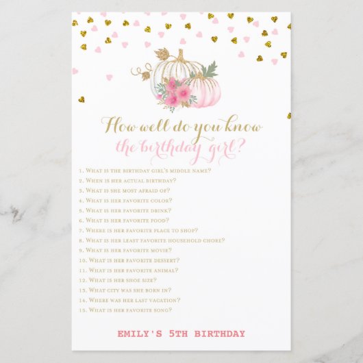 Papier Pink and Gold Fall Anniversaire Jeu, Citrouille (Devant)