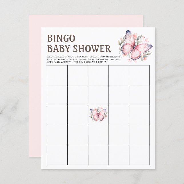Papier Pink Aquarelle Papillon Baby shower Bingo Jeu (Devant / Derrière)