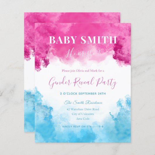 Papier Pink Blue Smoke Baby Genre Reveillez Invitation (Devant / Derrière)