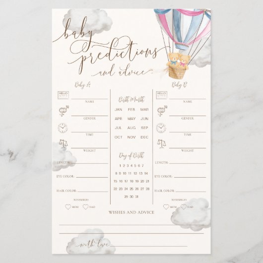 Papier Pink Blue Teddy Bear Twins Baby Predictions Game (Devant)