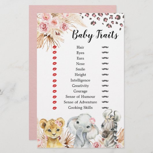 Papier Pink Boho Safari Party Animaux Fille Bébé Traits (Devant / Derrière)