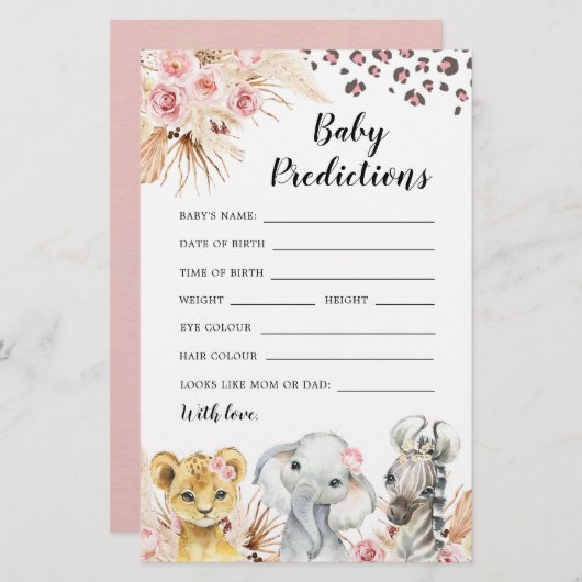 Papier Pink Boho Safari Party Animaux prédiction bébé (Devant / Derrière)