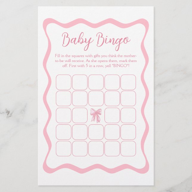 Papier Pink Bow Baby shower Bingo Jeu (Devant)