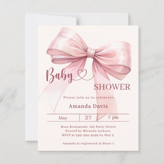 Papier Pink bow beige girl Baby Shower invitation (Devant)