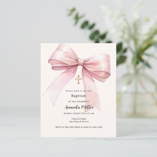 Papier Pink bow crème fille Baptême invitation (Debout devant)