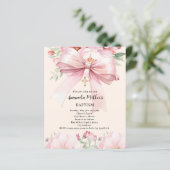 Papier Pink bow crème florales fille Baptême invitation (Debout devant)
