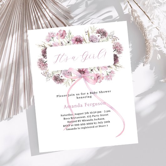 Papier Pink bow floral c'est une invitation Baby shower f