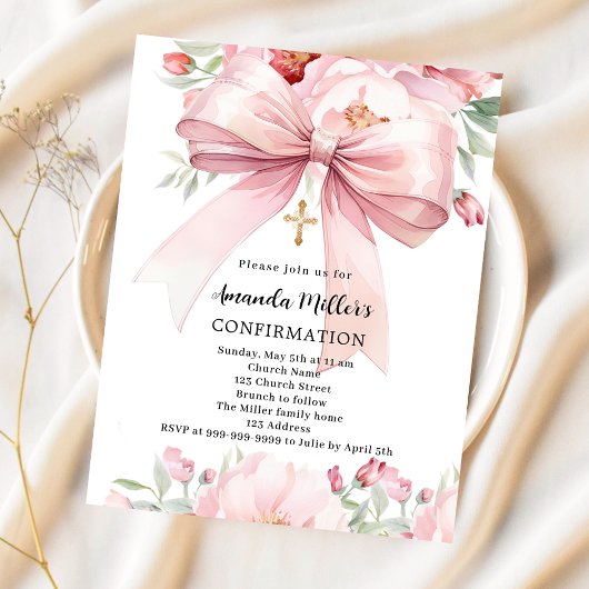 Papier Pink bow florals fille invitation de confirmation
