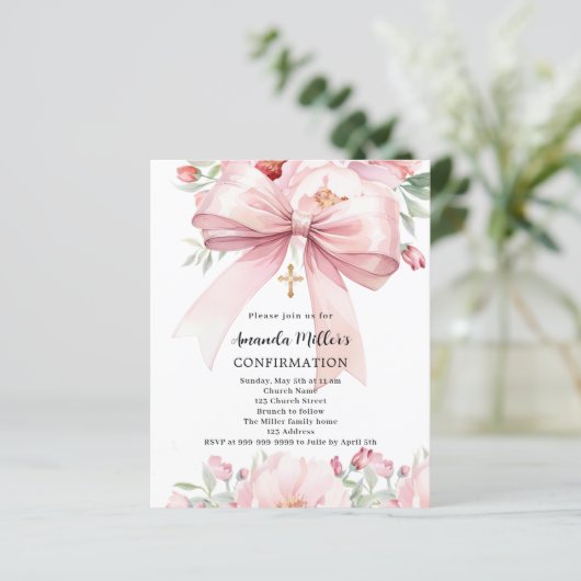 Papier Pink bow florals fille invitation de confirmation (Debout devant)