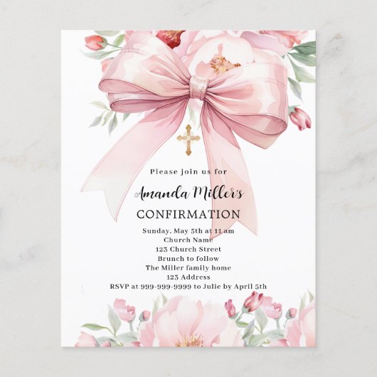 Papier Pink bow florals fille invitation de confirmation (Devant)