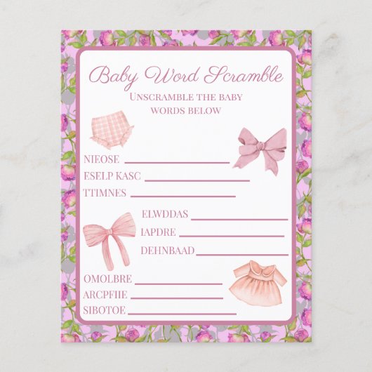 Papier Pink Bow Girl Baby shower Word Scramble (Devant)