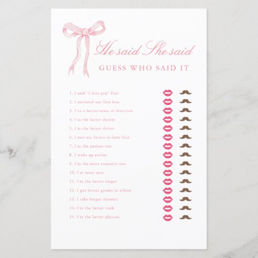 Papier Pink Bow Il Dit Qu'Elle A Dit Fête des mariées Gam (Devant)