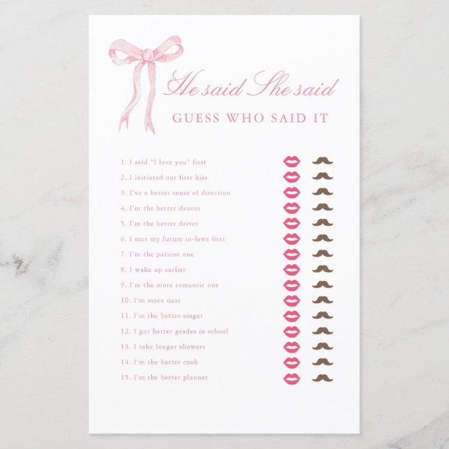 Papier Pink Bow Il Dit Qu'Elle A Dit Fête des mariées Gam (Devant)