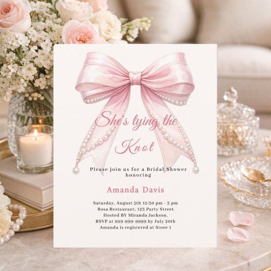 Papier Pink bow ivory pearl knot Bridal Shower invitation