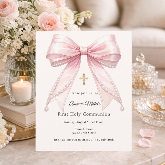 Papier Pink bow ivory pearls First Communion invitation