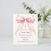 Papier Pink bow ivory pearls First Communion invitation (Debout devant)