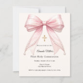 Papier Pink bow ivory pearls First Communion invitation (Devant)