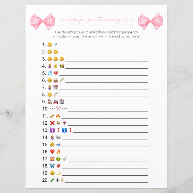 Papier Pink Bow moderne Baby shower Emoji Jeu (Devant)