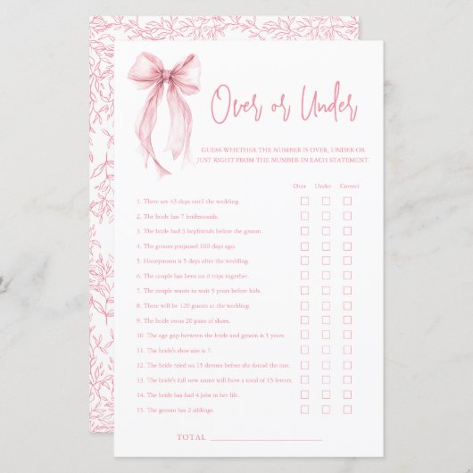 Papier Pink Bow Over Or Under Bridal Shower Game (Devant / Derrière)