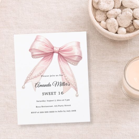 Papier Pink bow pearls elegant Sweet 16 invitation