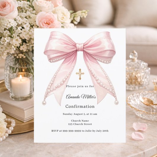 Papier Pink bow pearls girl Confirmation invitation