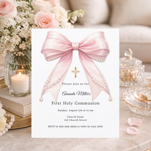 Papier Pink bow pearls girl First Communion invitation