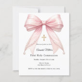 Papier Pink bow pearls girl First Communion invitation (Devant)