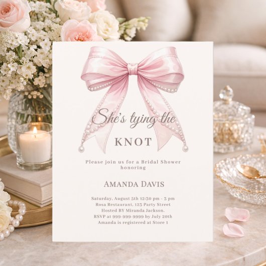 Papier Pink bow pearls knot Bridal Shower invitation