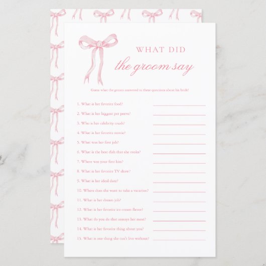 Papier Pink Bow Qu'Est-Ce Qui A Dit Pink Bridal Game (Devant / Derrière)