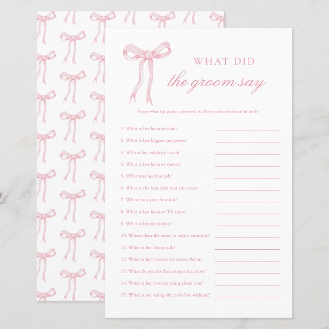 Papier Pink Bow Qu'Est-Ce Qui A Dit Pink Bridal Game (Devant / Derrière)