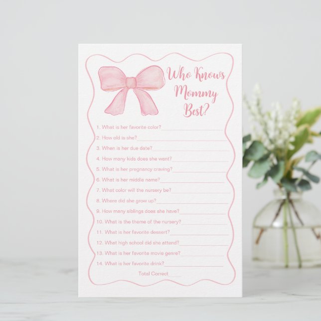 Papier Pink Bow Qui Connaît Maman Meilleur Baby shower Je (Debout devant)