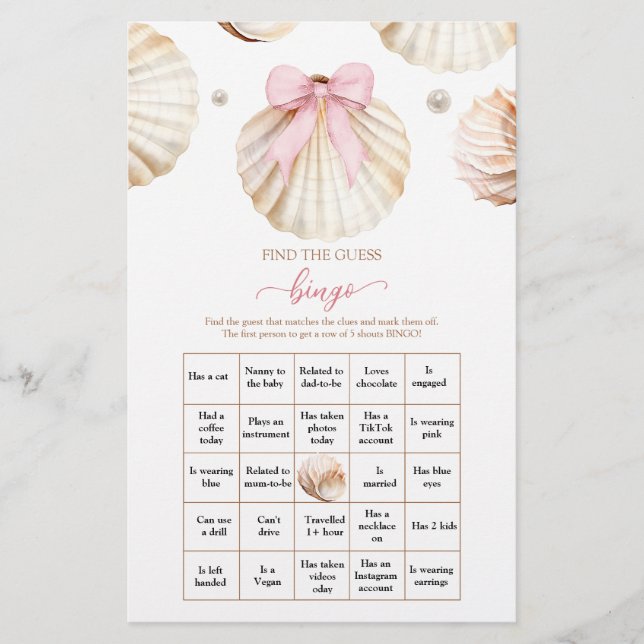 Papier Pink Bow Shell Baby Shower Find The Guest Bingo (Devant)
