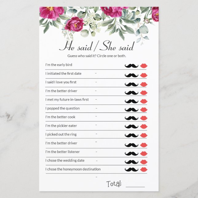 Papier Pink Bridal Shower Game He Said She Said (Devant)