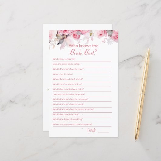Papier Pink Bridal Shower How well do you know Game Card (Devant/Arrière en situation)