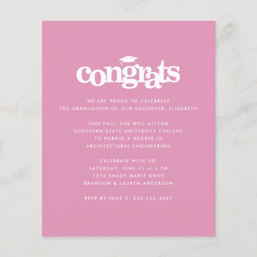 Papier Pink budget graduation photo invitation moderne (Dos)