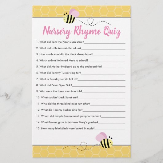 Papier Pink Bumble Bee Baby shower Nursery Rhyme Quiz (Devant)