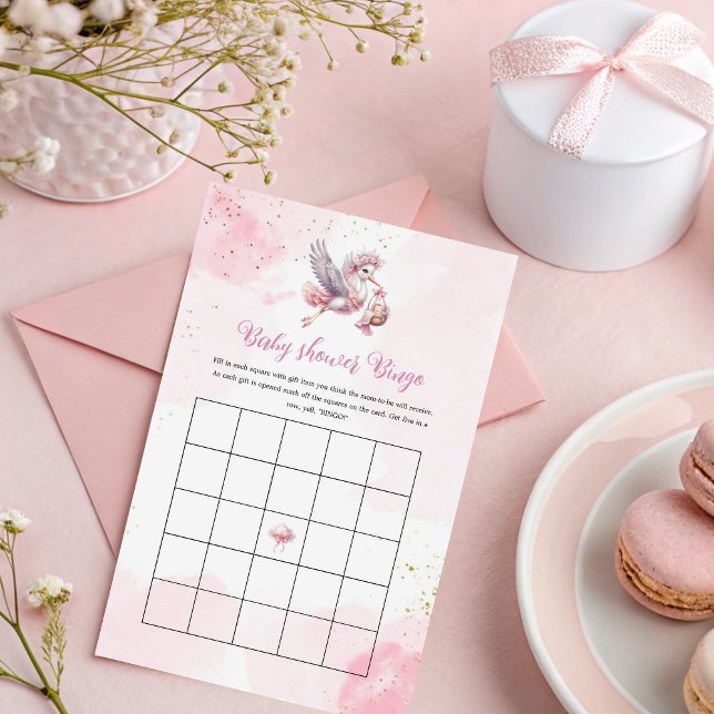 Papier Pink Cloud Baby Shower Bingo with Stork Design (Créateur téléchargé)