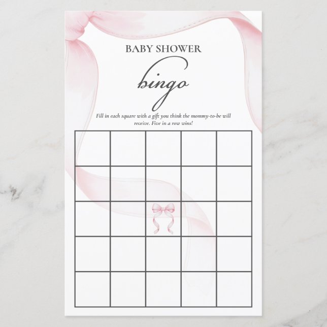 Papier Pink Coquette Bow Baby shower Bingo Jeu (Devant)