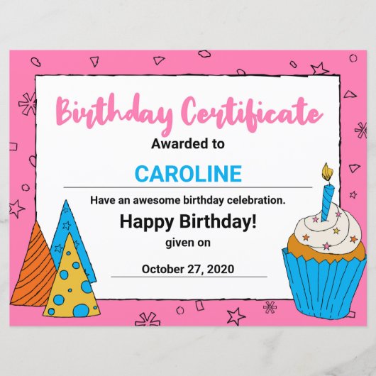 Papier Pink Cute Cupcake Clipart Certificat d'anniversair (Devant)