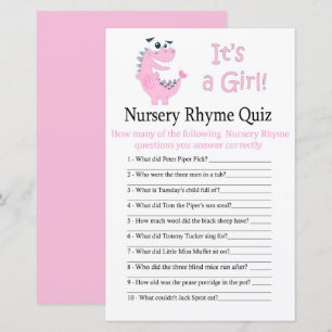 Papier Pink Dinosaur Nursery Rhyme Quiz jeu de baby showe