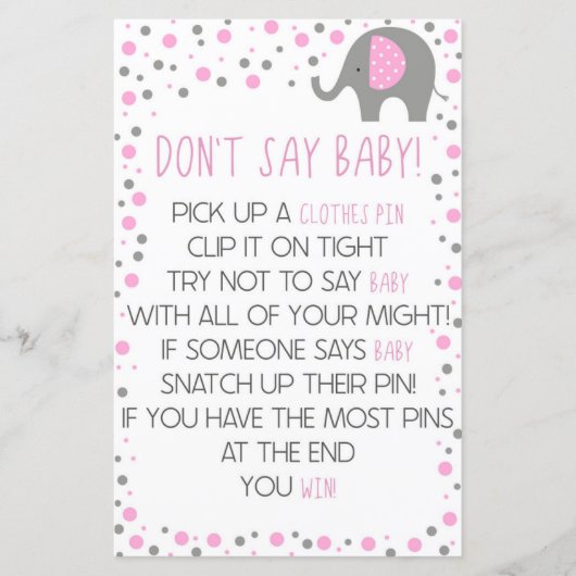 Papier Pink Elephant ne pas dire Baby shower jeu (Devant)