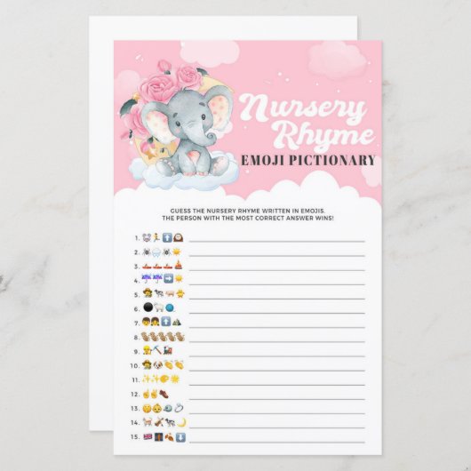 Papier Pink Elephant Nursery Rhyme Emoji Pictionary Jeu (Devant / Derrière)