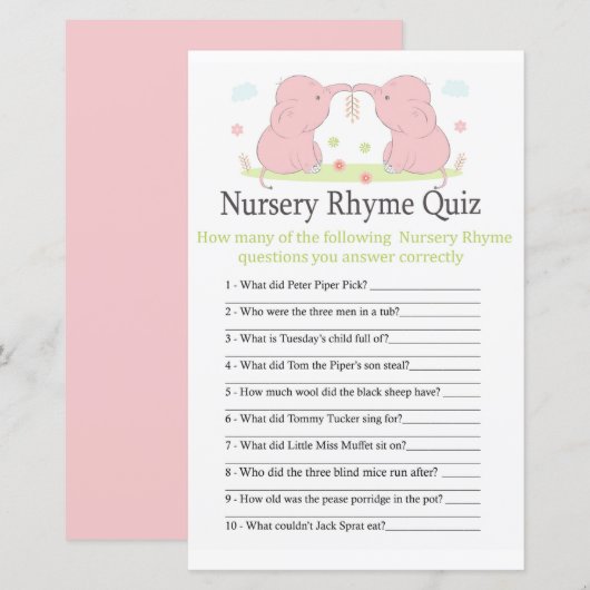 Papier Pink Elephant Nursery Rhyme Quiz jeu de baby showe (Devant / Derrière)