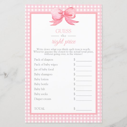 Papier Pink En vichy Baby shower Devinez le jeu de prix (Devant)