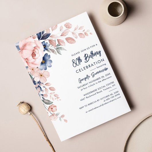 Papier Pink Floral 80th Birthday Party Script Invitation
